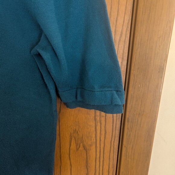 Ann Taylor Teal Blue Short Sleeve Knit Gold Button Sweater Top- Size Small - Picture 2 of 5